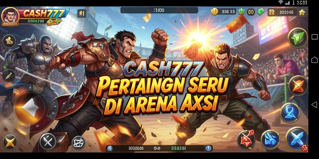Screenshot CASH777 menampilkan pertempuran epik antara karakter di arena.