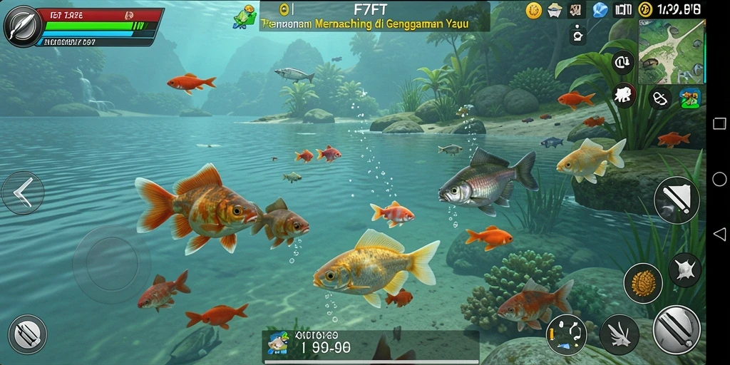 Screenshot gameplay F7F7 menampilkan serunya menangkap ikan di lokasi pemandangan yang indah.