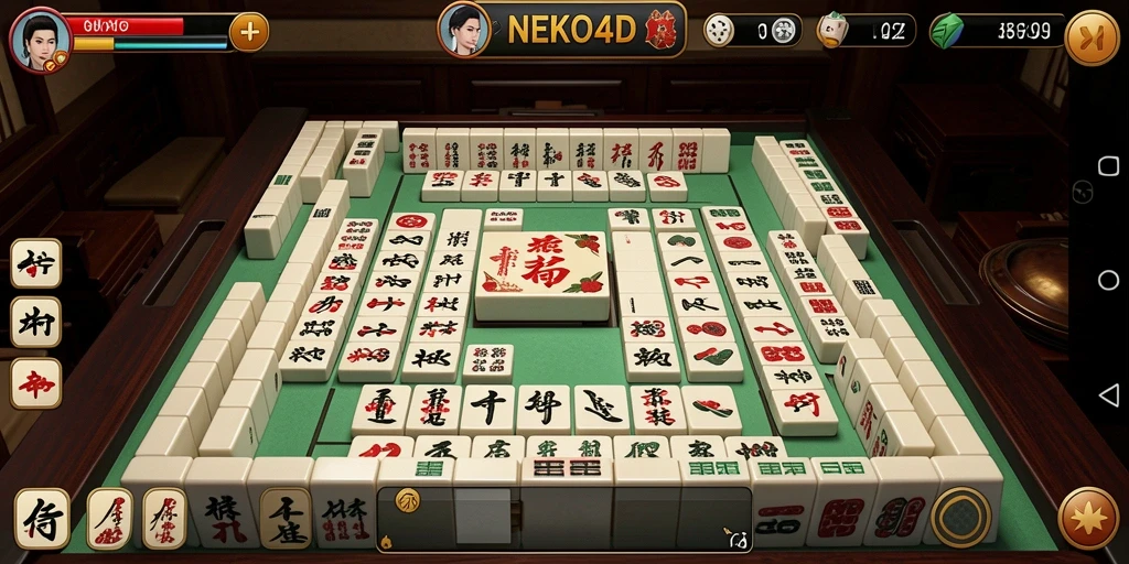 Screenshot gameplay NEKO4D menampilkan pertarungan seru Mahjong.