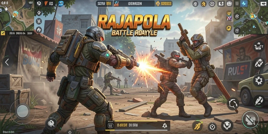 Gameplay intens di medan perang RAJAPOLA dengan aksi Battle Royale.
